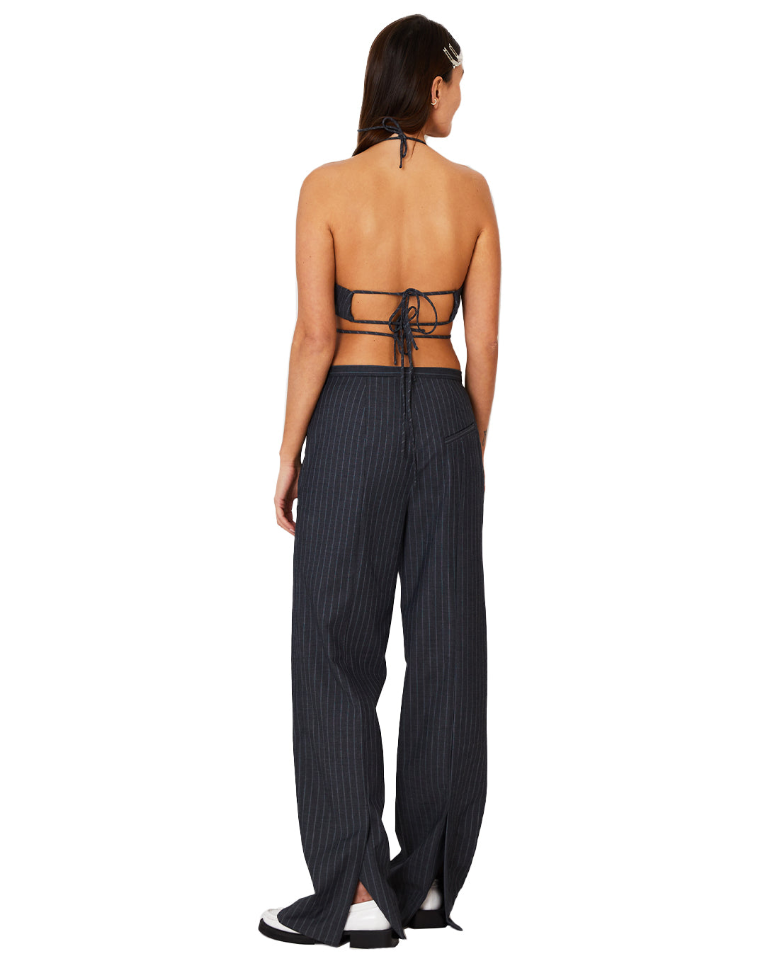 STRETCH STRIPED MID WAIST TROUSERS