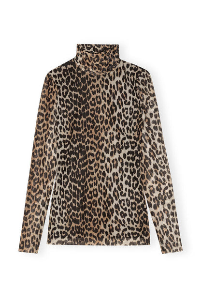 Leopard Printed Mesh Longsleeve Rollneck