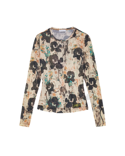 Ganni T4136 Printed Marl Mesh Long Sleeve Top - Afterglow