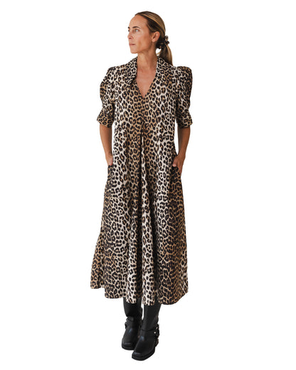 Leopard Cotton Poplin V-Neck Maxi Dress