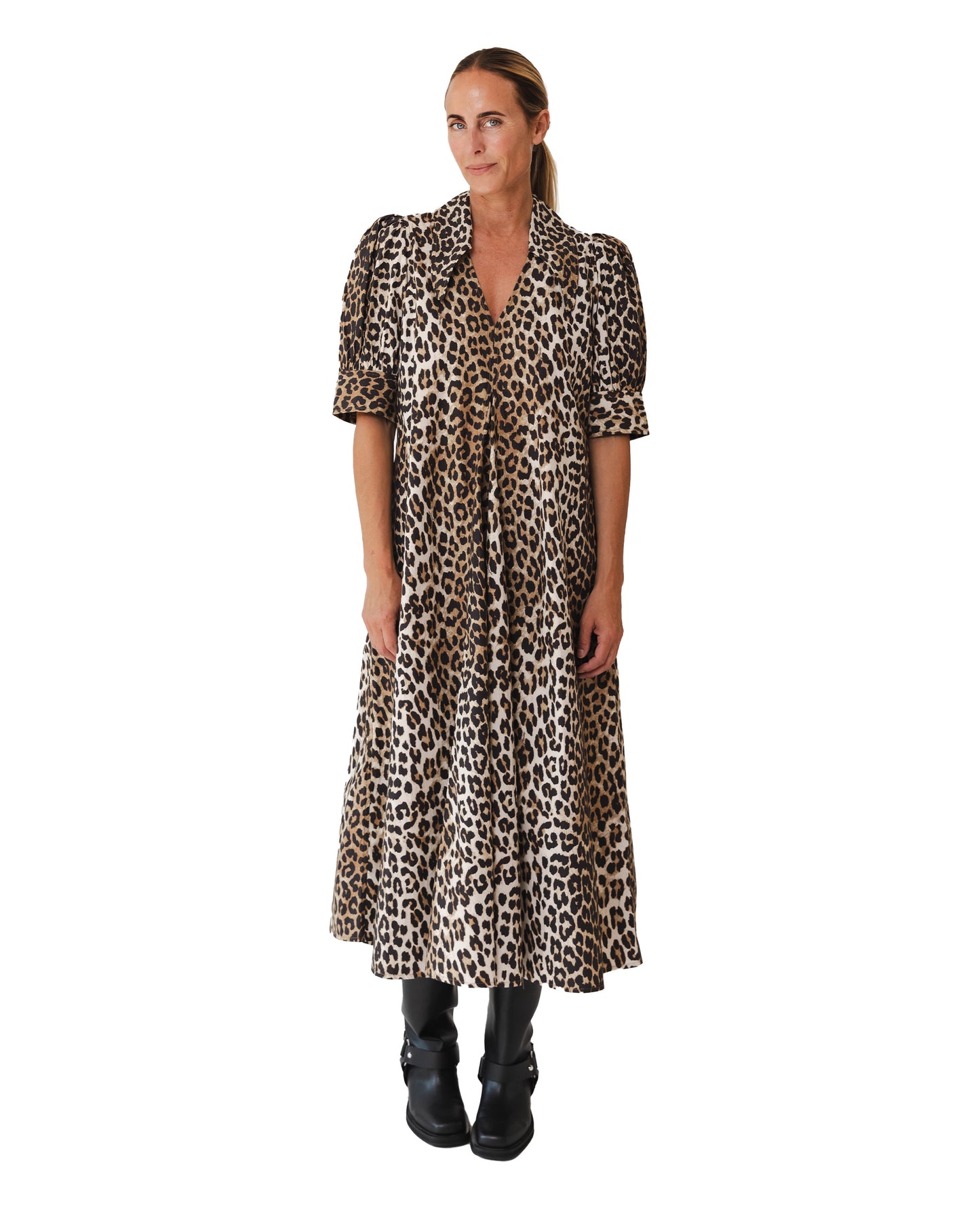 Leopard Cotton Poplin V-Neck Maxi Dress