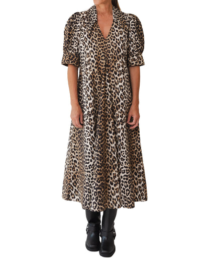 Leopard Cotton Poplin V-Neck Maxi Dress