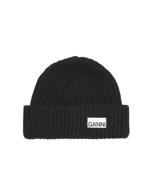 Loose Wool Rib Knit Beanie Black