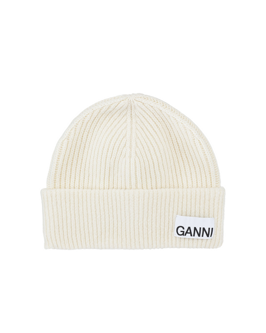 Fitted Wool Rib Knit Beanie Egret