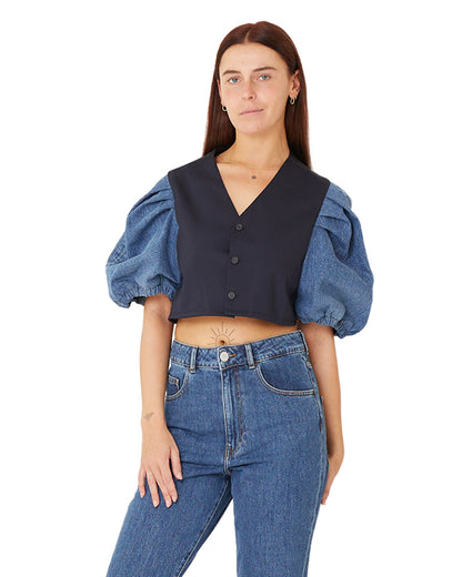 Puffed Waistcoat Crop Top (Black & Jeans)