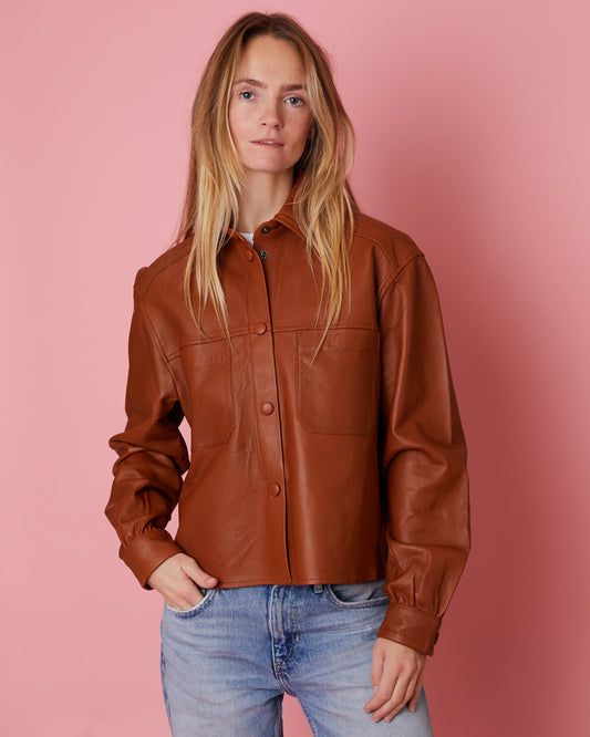 Leather shirt - cognac brown